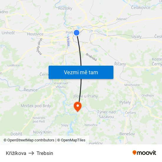 Křižíkova to Trebsin map