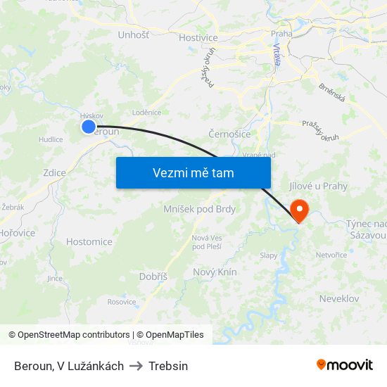 Beroun, V Lužánkách to Trebsin map