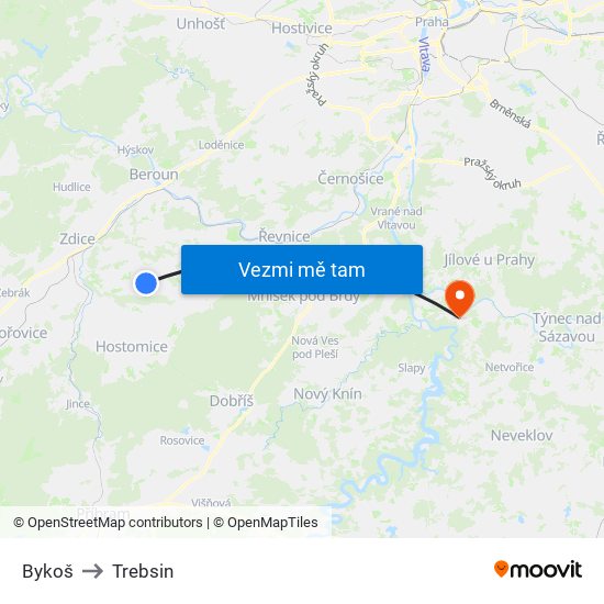 Bykoš to Trebsin map