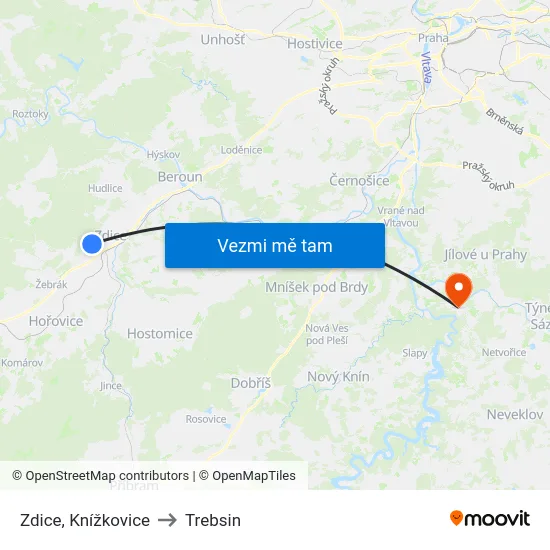 Zdice, Knížkovice to Trebsin map