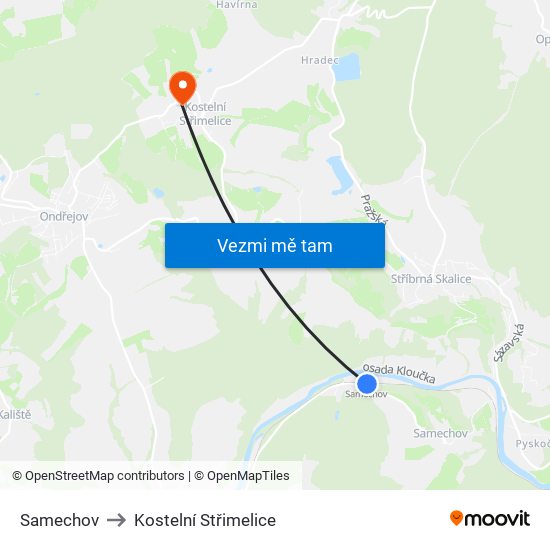 Samechov to Kostelní Střimelice map