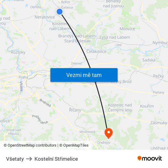 Všetaty to Kostelní Střimelice map