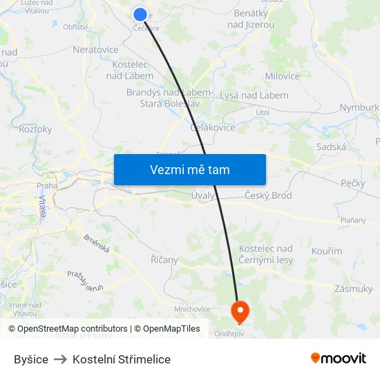 Byšice to Kostelní Střimelice map