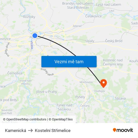 Kamenická (A) to Kostelní Střimelice map