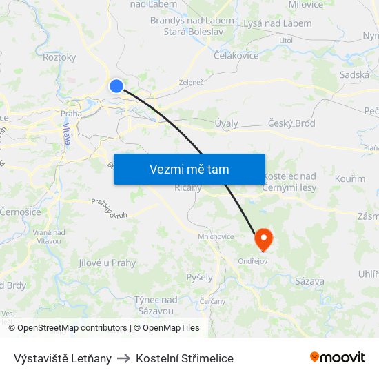 Výstaviště Letňany to Kostelní Střimelice map