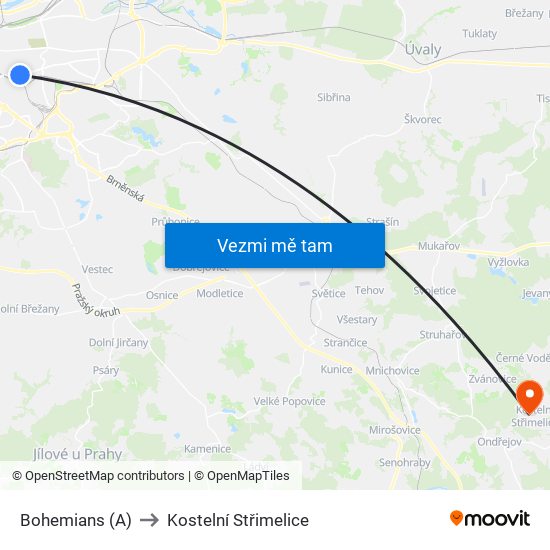 Bohemians (A) to Kostelní Střimelice map