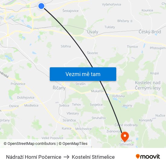 Nádraží Horní Počernice to Kostelní Střimelice map