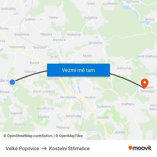 Velké Popovice to Kostelní Střimelice map