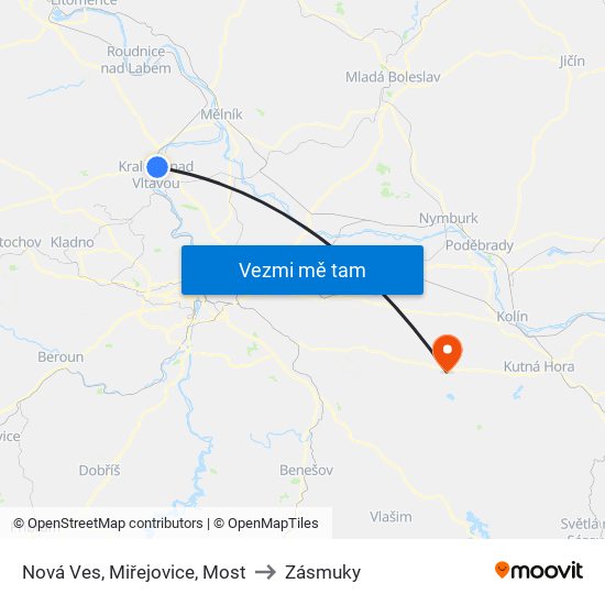 Nová Ves, Miřejovice, Most (B) to Zásmuky map