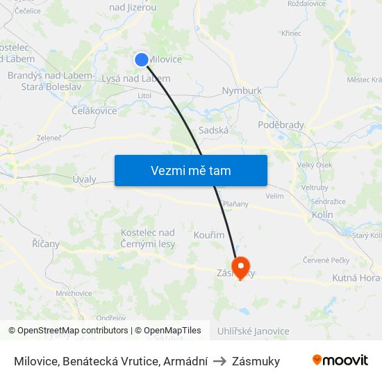 Milovice, Benátecká Vrutice, Armádní (B) to Zásmuky map