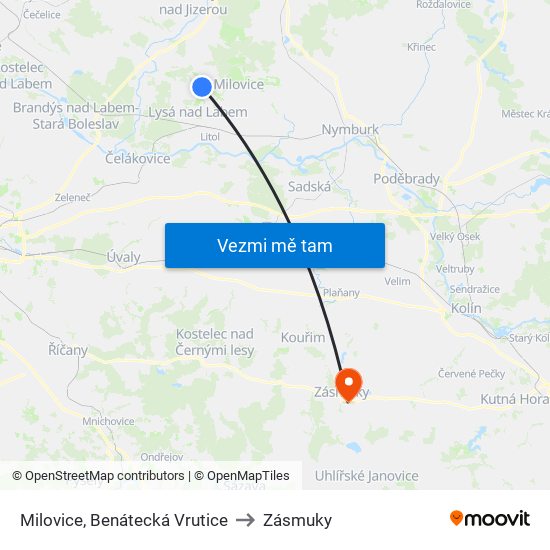 Milovice, Benátecká Vrutice (B) to Zásmuky map