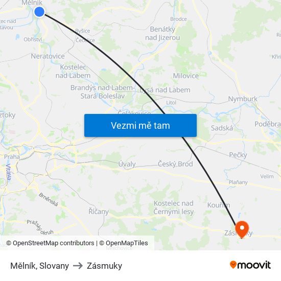 Mělník, Slovany (B) to Zásmuky map