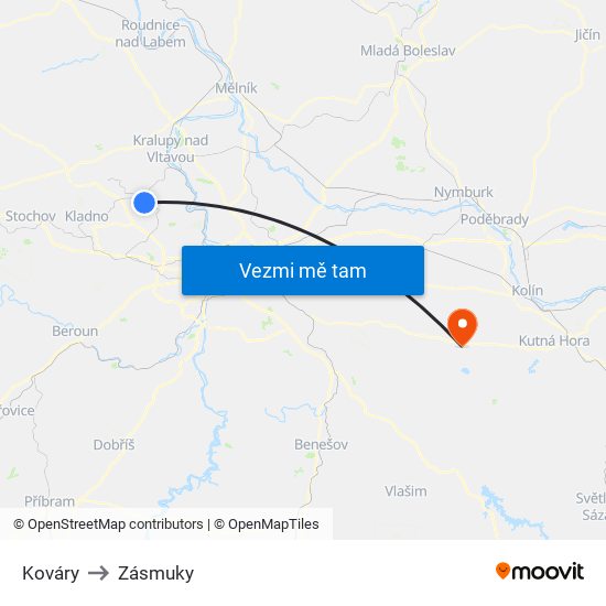 Kováry to Zásmuky map