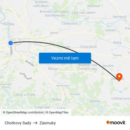 Chotkovy Sady (A) to Zásmuky map