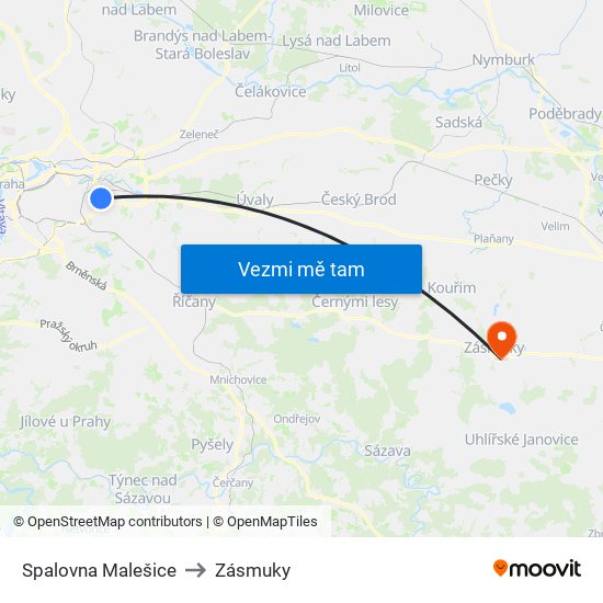 Spalovna Malešice to Zásmuky map