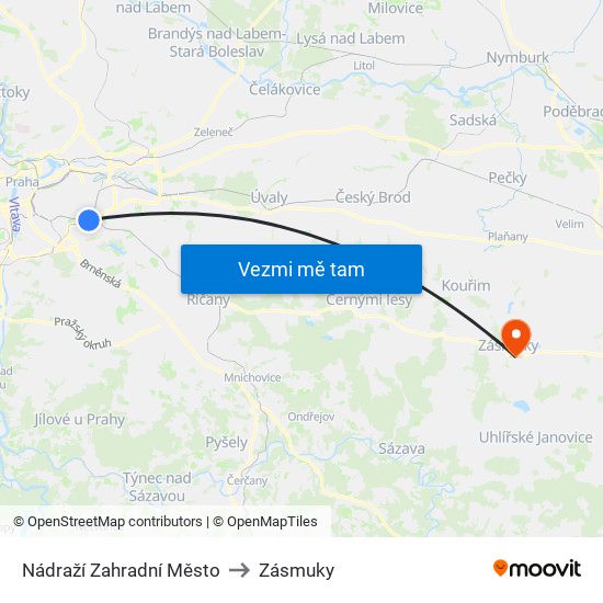 Nádraží Zahradní Město (A) to Zásmuky map