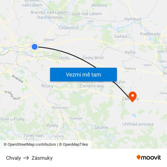 Chvaly to Zásmuky map