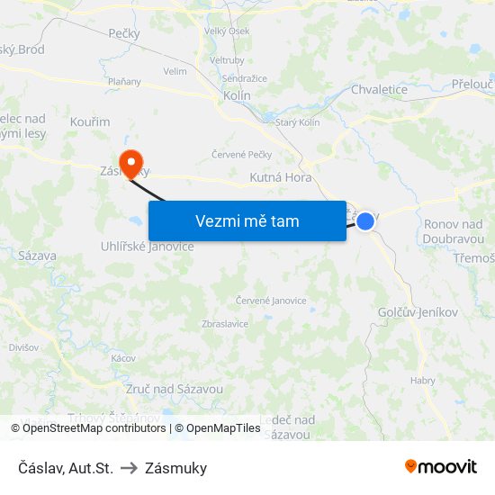 Čáslav, Aut.St. to Zásmuky map