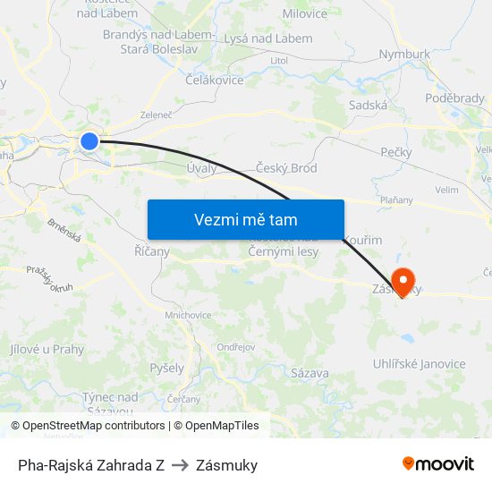 Pha-Rajská Zahrada Z to Zásmuky map