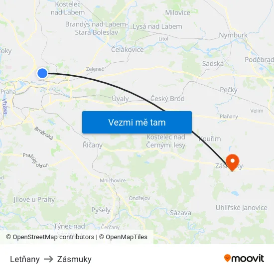 Letňany to Zásmuky map