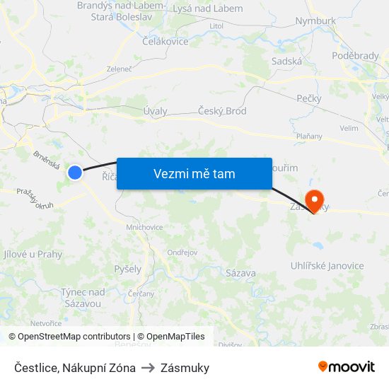 Čestlice, Nákupní Zóna to Zásmuky map