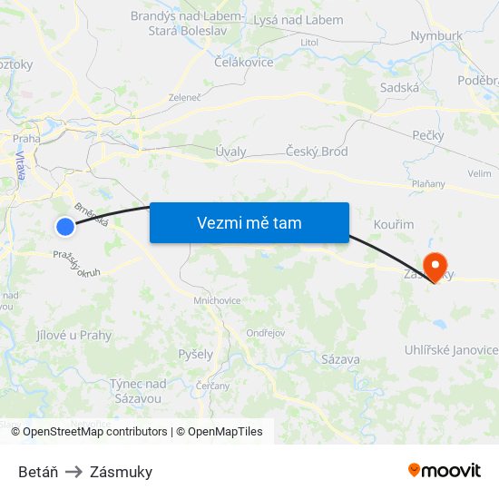 Betáň to Zásmuky map