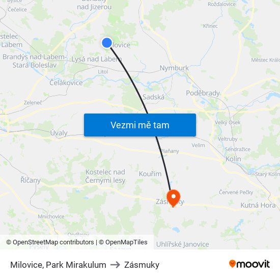 Milovice, Park Mirakulum (A) to Zásmuky map