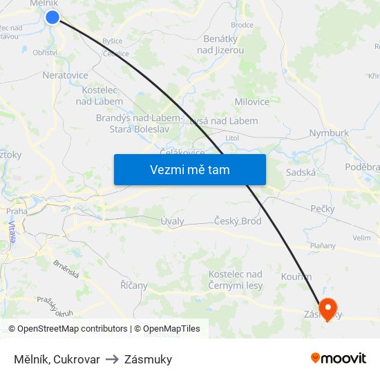 Mělník, Cukrovar to Zásmuky map