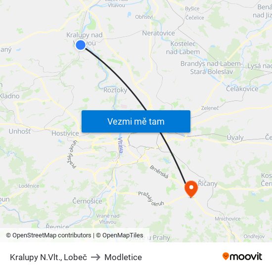 Kralupy N.Vlt., Lobeč to Modletice map