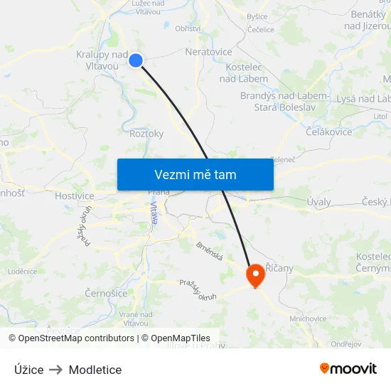 Úžice to Modletice map