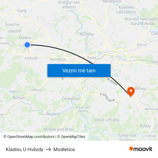 Kladno, U Hvězdy to Modletice map
