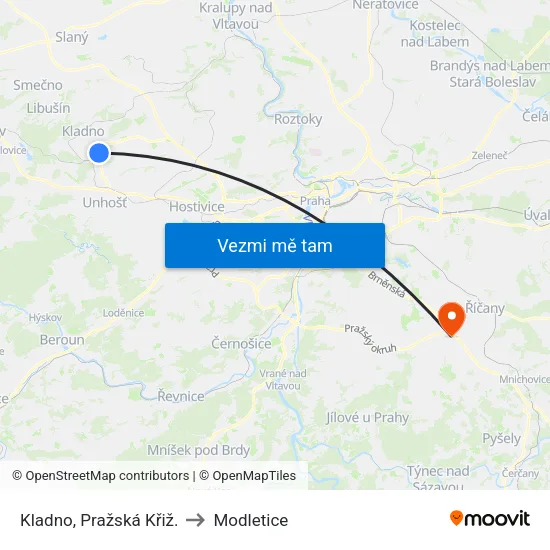 Kladno, Pražská Křiž. to Modletice map