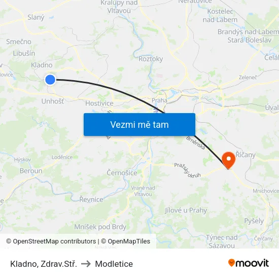 Kladno, Zdrav.Stř. to Modletice map