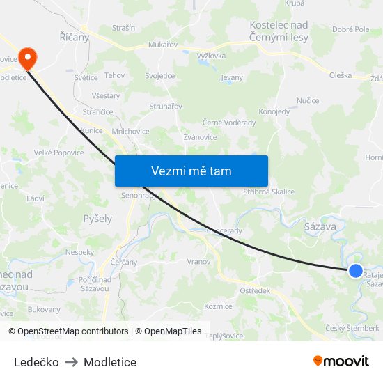 Ledečko to Modletice map