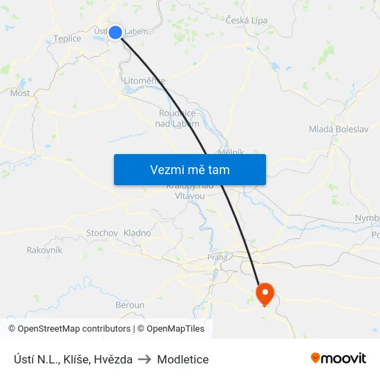 Ústí N.L., Klíše, Hvězda to Modletice map