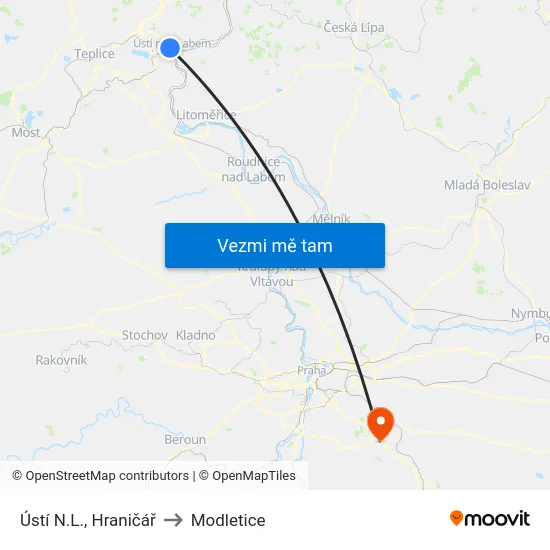Ústí N.L., Hraničář to Modletice map
