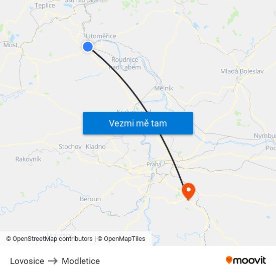 Lovosice to Modletice map