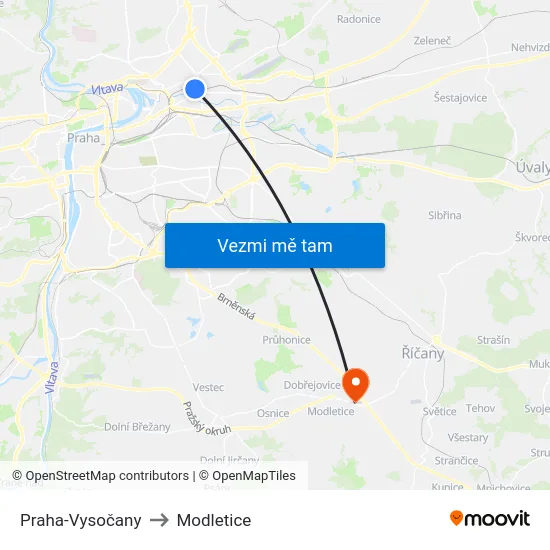 Praha-Vysočany to Modletice map