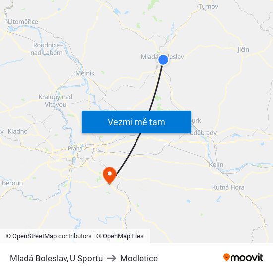 Mladá Boleslav, U Sportu to Modletice map