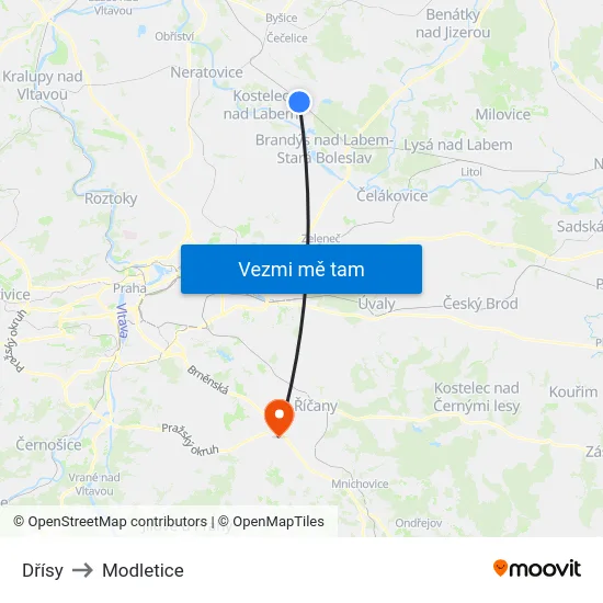 Dřísy to Modletice map