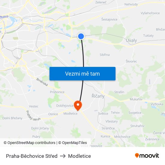 Praha-Běchovice Střed to Modletice map