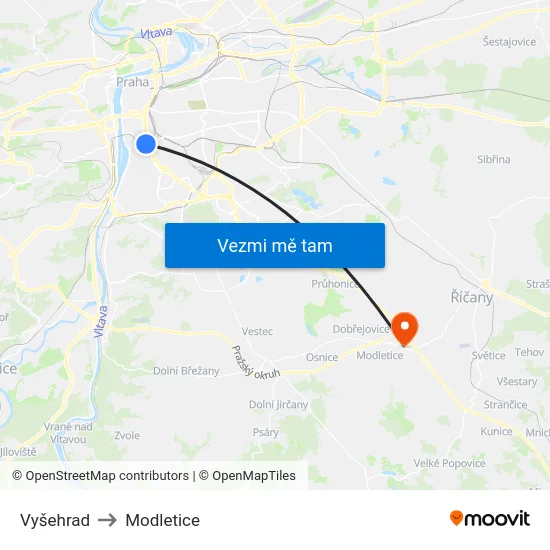 Vyšehrad to Modletice map