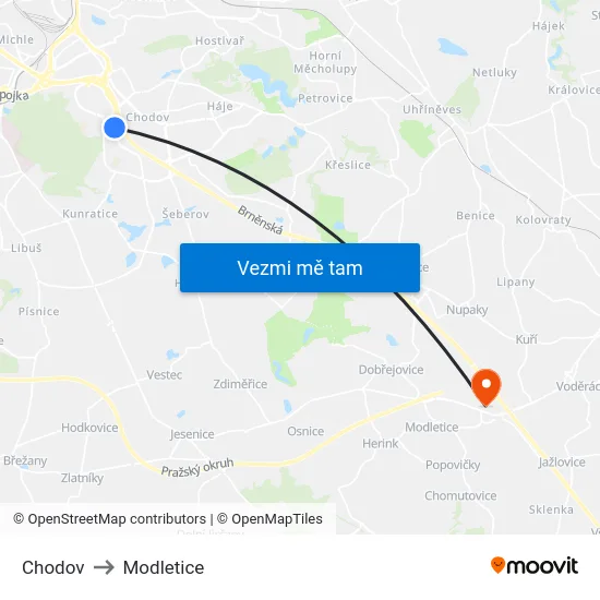 Chodov to Modletice map