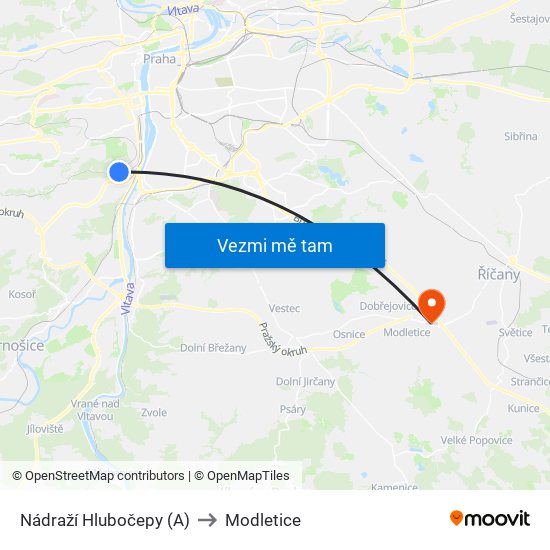 Nádraží Hlubočepy (A) to Modletice map