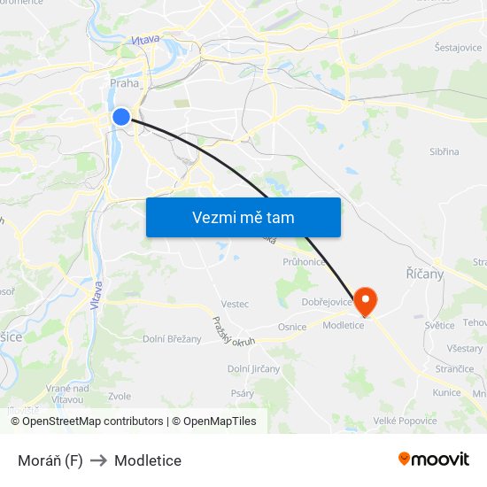 Moráň (F) to Modletice map