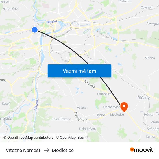 Vítězné Náměstí to Modletice map