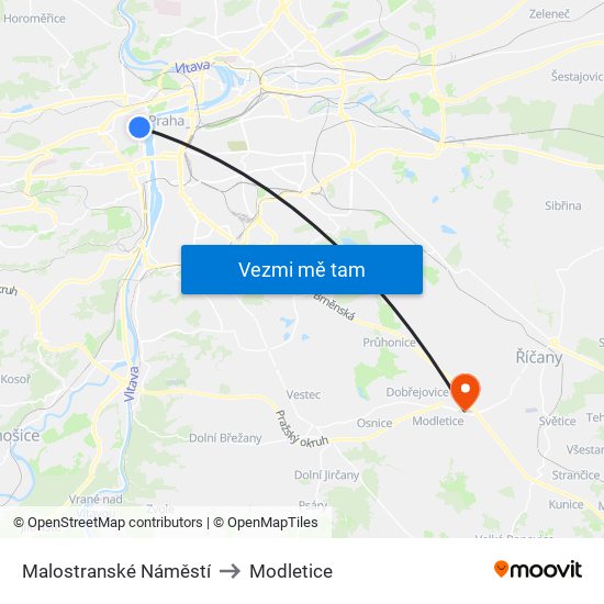 Malostranské Náměstí to Modletice map