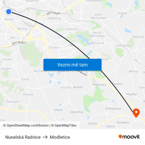 Nuselská Radnice to Modletice map