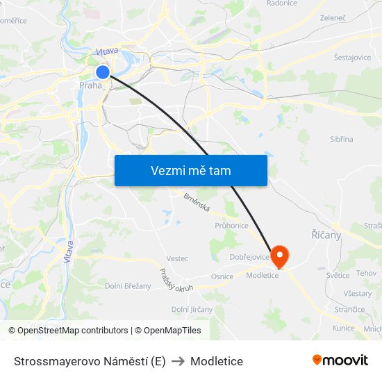 Strossmayerovo Náměstí (E) to Modletice map