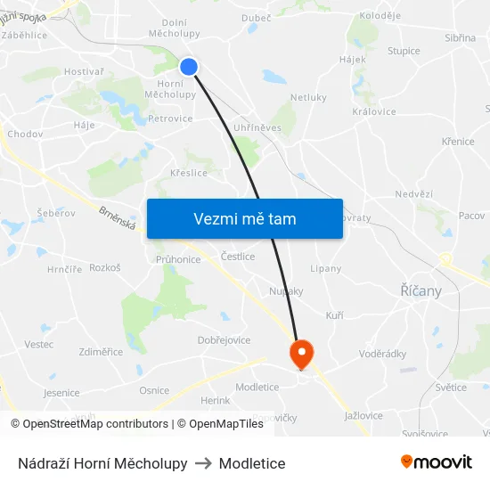 Nádraží Horní Měcholupy to Modletice map